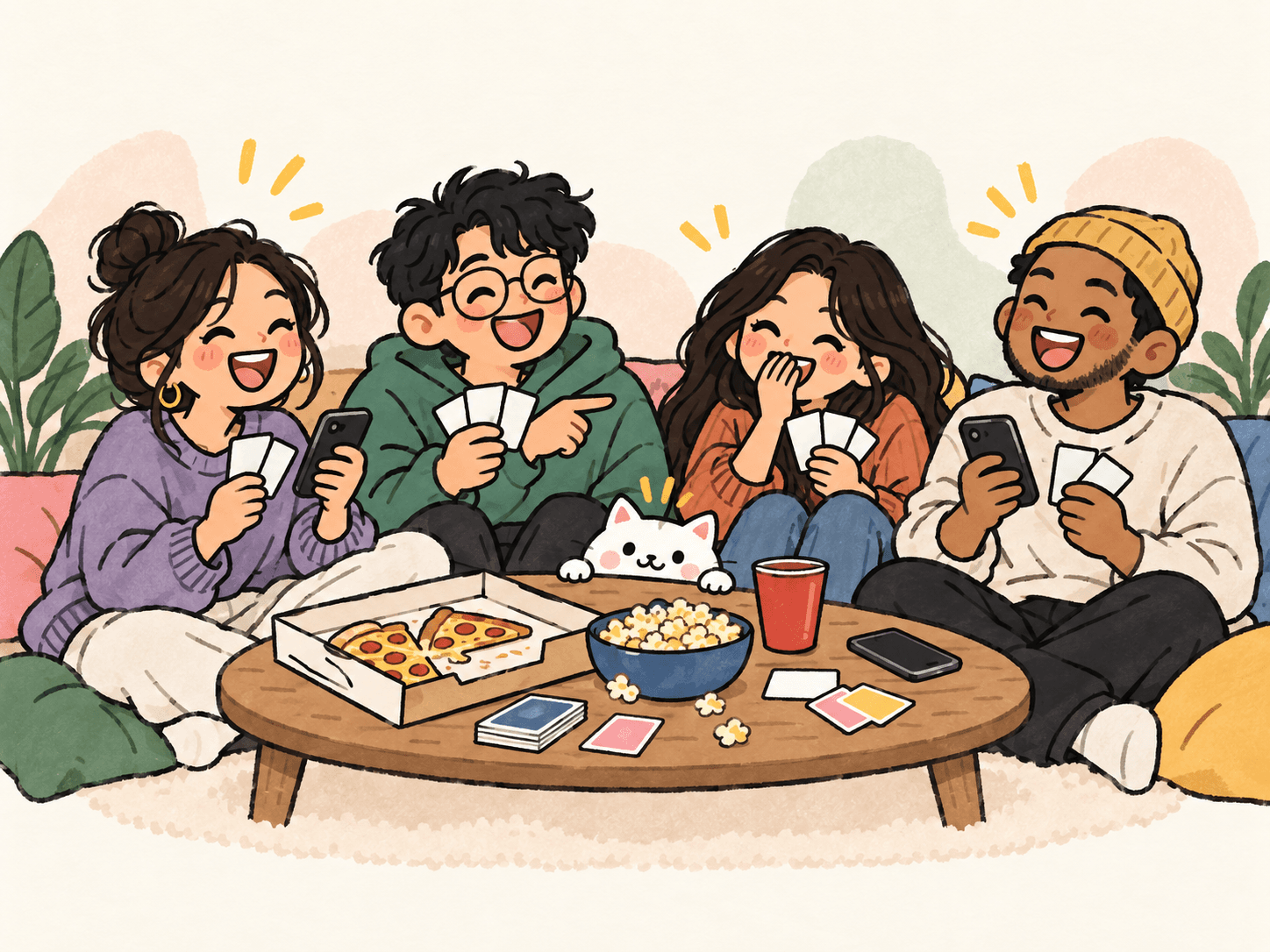 Four friends laughing together over pizza and party games