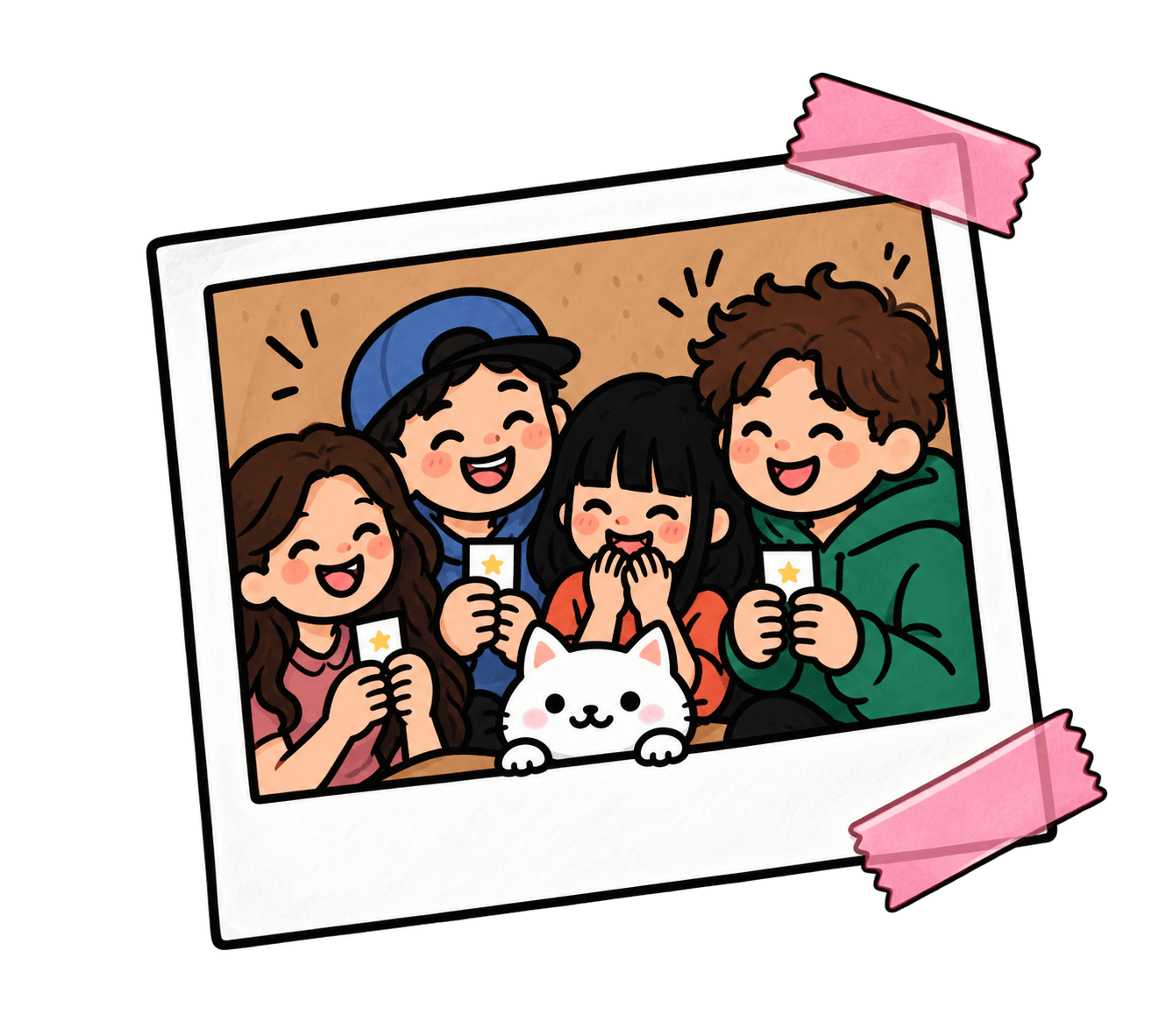 A taped polaroid of four friends and their cat